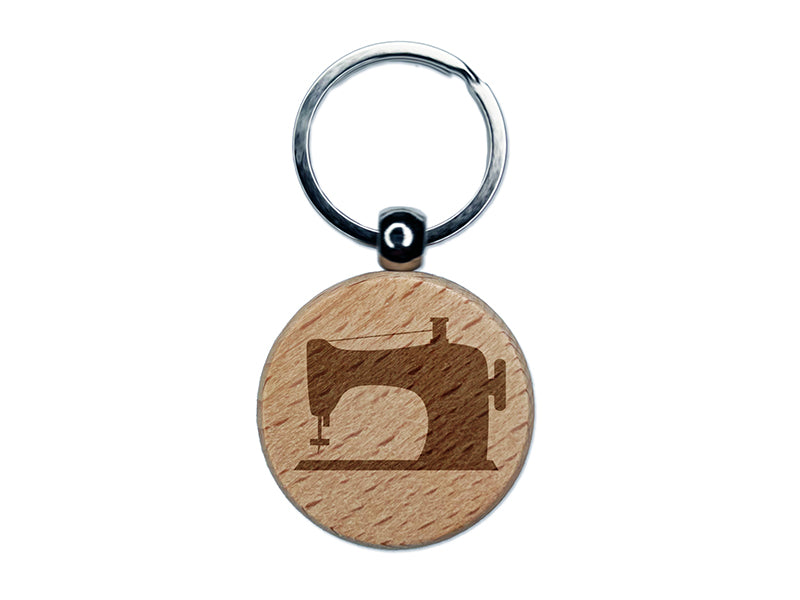 Sewing Machine Silhouette Engraved Wood Round Keychain Tag Charm