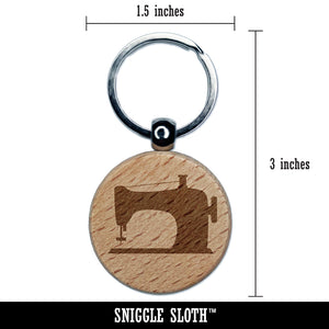 Sewing Machine Silhouette Engraved Wood Round Keychain Tag Charm