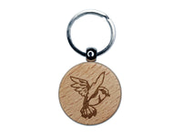 Sparrow Bird in Flight Engraved Wood Round Keychain Tag Charm