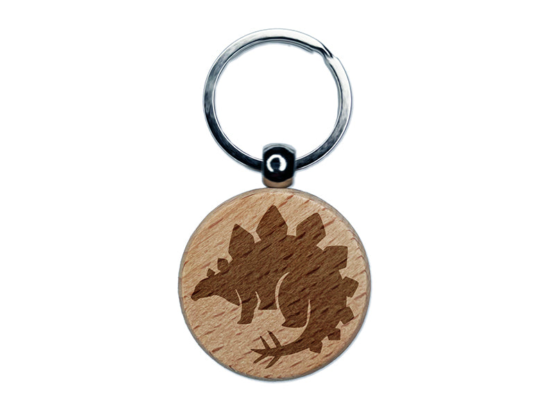 Stegosaurus the Spikey Dinosaur Engraved Wood Round Keychain Tag Charm