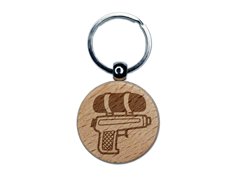 Toy Water Gun Pistol Engraved Wood Round Keychain Tag Charm