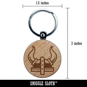 Viking Horned Helmet Engraved Wood Round Keychain Tag Charm