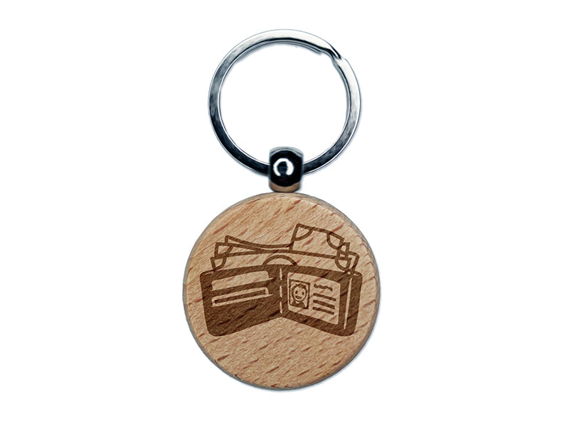 Wallet Billfold Full of Cash Money Engraved Wood Round Keychain Tag Charm