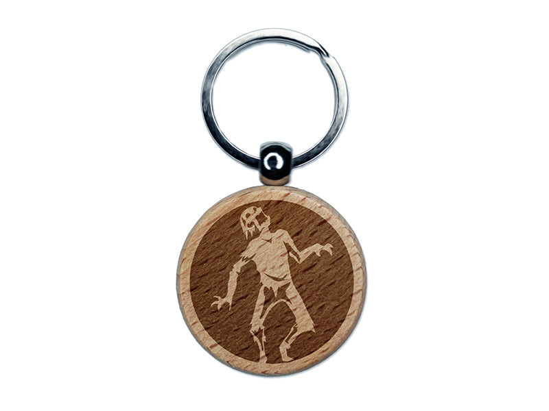 Zombie Shambling Walking Undead Engraved Wood Round Keychain Tag Charm