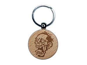 Zombie Undead Creepy Head Engraved Wood Round Keychain Tag Charm