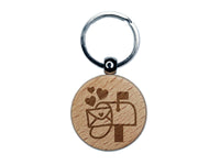 Cute Mailbox with Hearts Engraved Wood Round Keychain Tag Charm