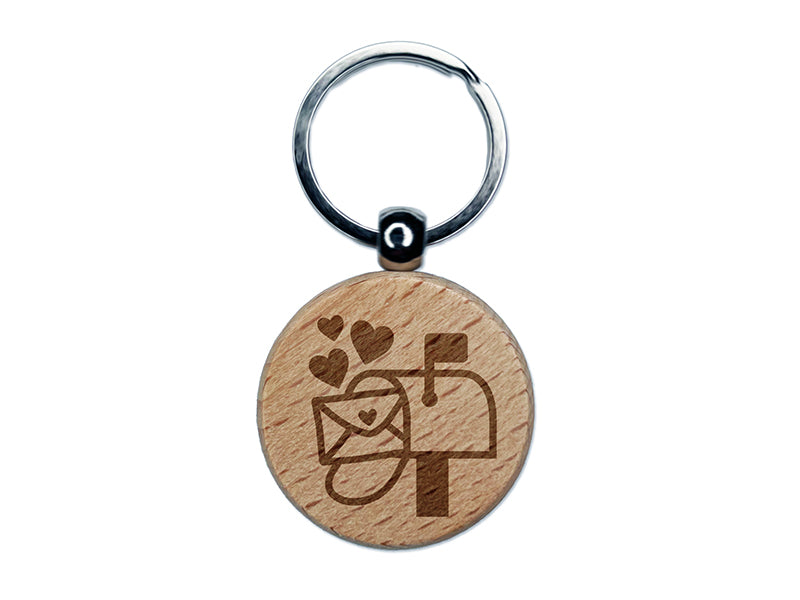 Cute Mailbox with Hearts Engraved Wood Round Keychain Tag Charm