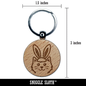 Easter Cat with Bunny Ears Engraved Wood Round Keychain Tag Charm