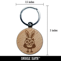 Easter Owl with Bunny Ears Engraved Wood Round Keychain Tag Charm