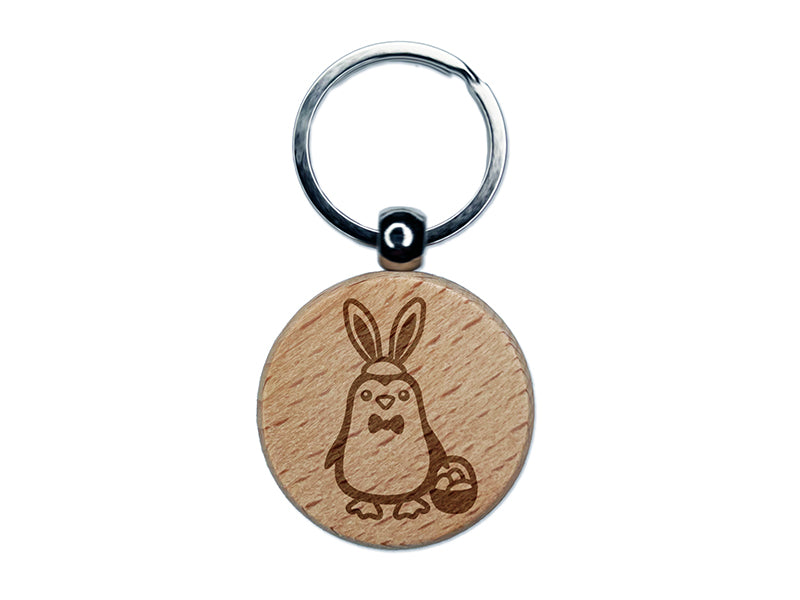 Easter Penguin with Bunny Ears and Basket Engraved Wood Round Keychain Tag Charm