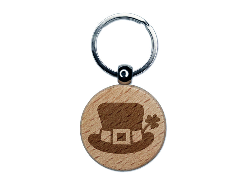 Leprechaun Hat with Shamrock Saint Patrick's Day Engraved Wood Round Keychain Tag Charm