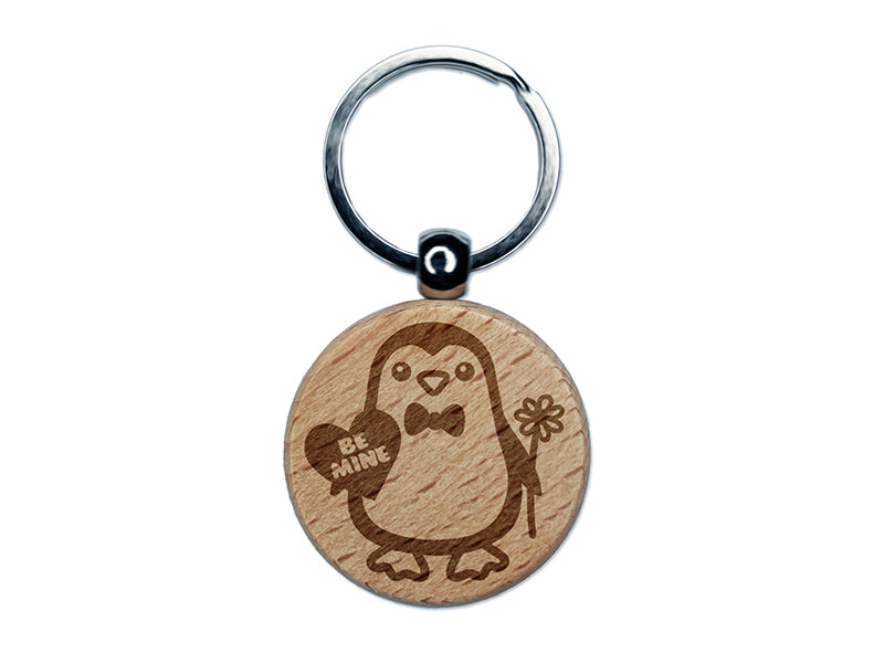 Penguin with Heart and Flower Valentine Engraved Wood Round Keychain Tag Charm