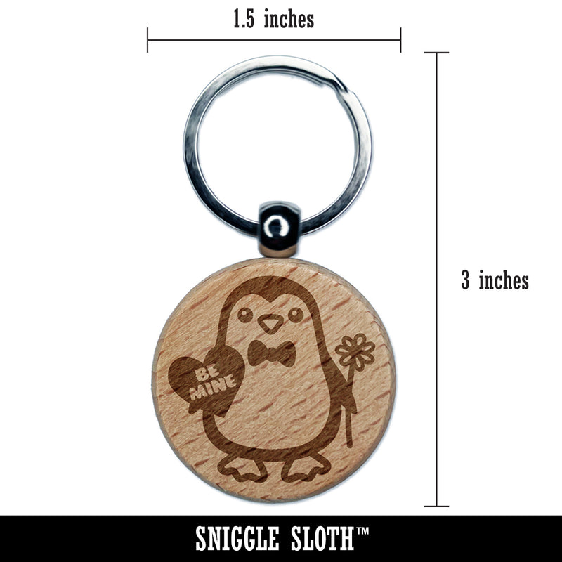 Penguin with Heart and Flower Valentine Engraved Wood Round Keychain Tag Charm