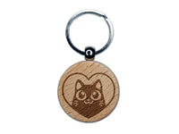 Cat Inside of Heart Love Engraved Wood Round Keychain Tag Charm
