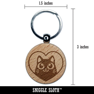 Cat Inside of Heart Love Engraved Wood Round Keychain Tag Charm