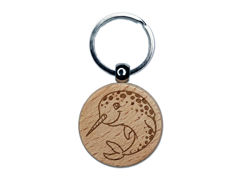 Cheery Spotted Narwhal Engraved Wood Round Keychain Tag Charm