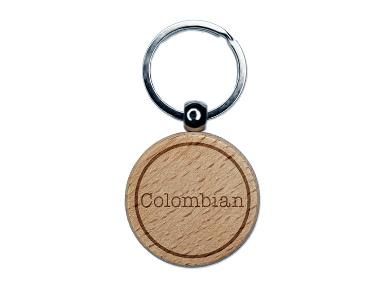 Colombian Typewriter Coffee Label Engraved Wood Round Keychain Tag Charm