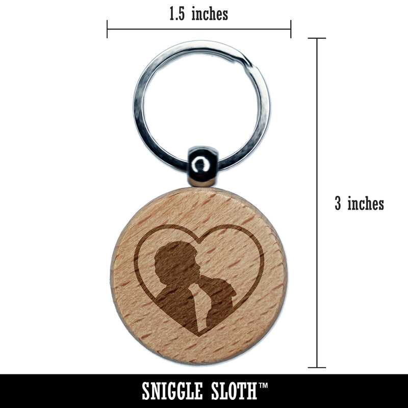 Dog Licking Boy's Face Heart Love Engraved Wood Round Keychain Tag Charm