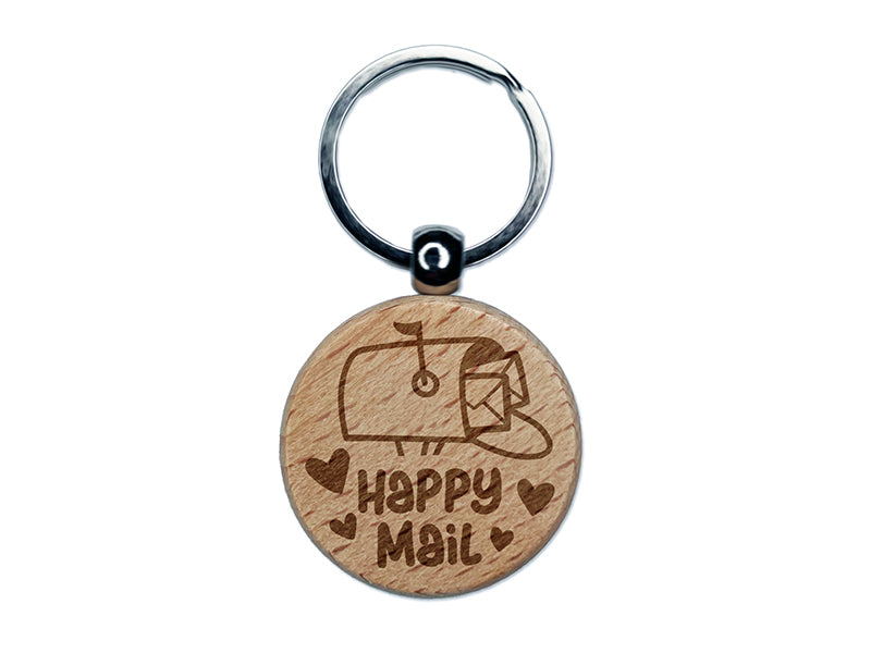 Happy Mail Envelope Mailbox with Heart Engraved Wood Round Keychain Tag Charm