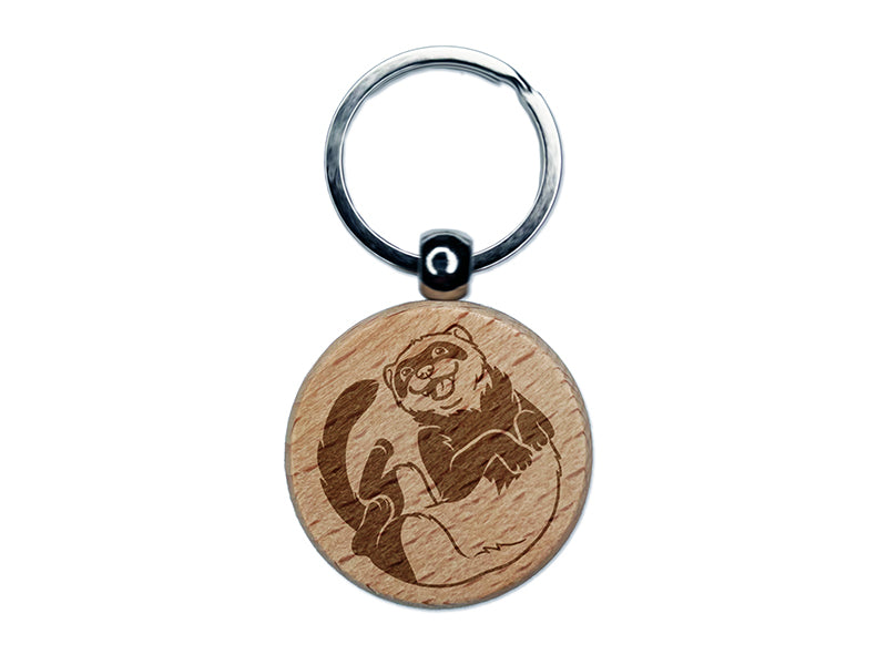Silly Ferret on Back Engraved Wood Round Keychain Tag Charm