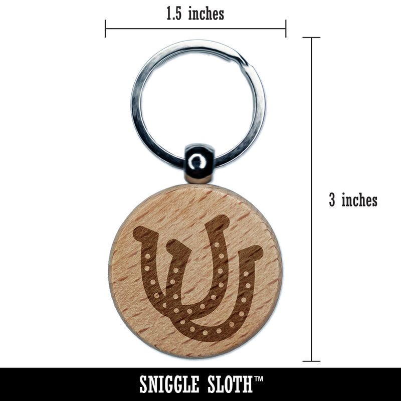 Double Horseshoe Lucky Engraved Wood Round Keychain Tag Charm