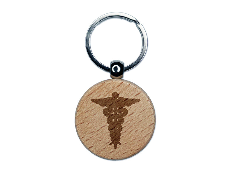 Staff of Hermes Silhouette Caduceus Medical Symbol Engraved Wood Round Keychain Tag Charm
