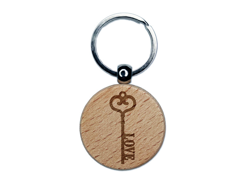 Vintage Heart Skeleton Key Love Engraved Wood Round Keychain Tag Charm