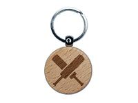 Crossed Cricket Bats Engraved Wood Round Keychain Tag Charm