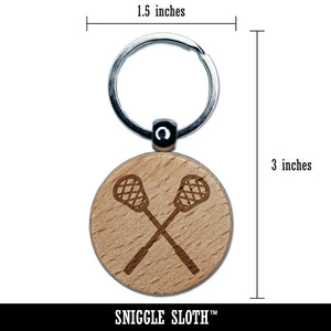 Crossed Lacrosse Sticks Engraved Wood Round Keychain Tag Charm