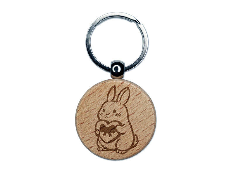 Cute Bunny Rabbit with Valentine's Day Heart Engraved Wood Round Keychain Tag Charm