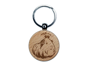 Cute Silkie Guinea Pig with Bow Engraved Wood Round Keychain Tag Charm