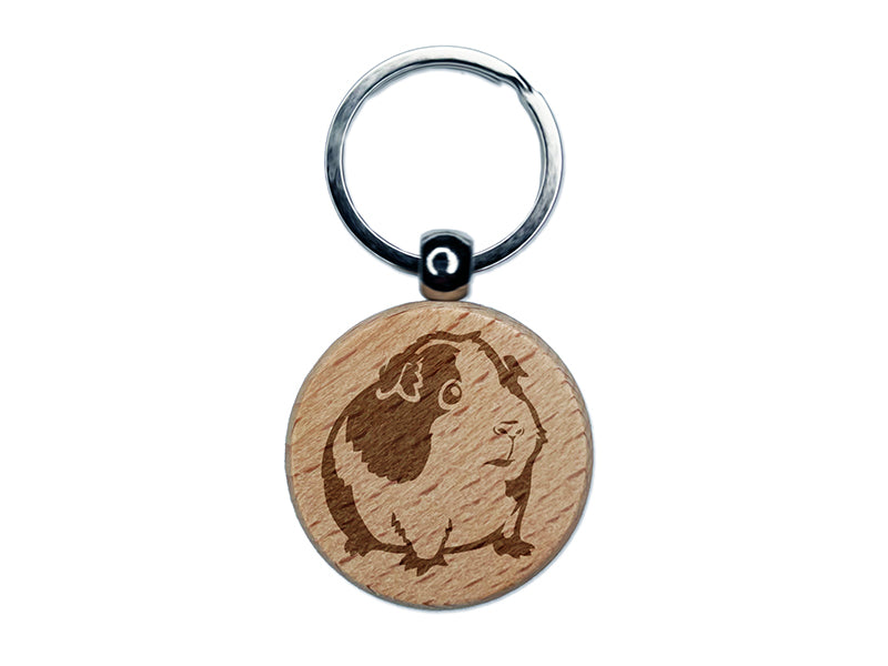 Cute Spotted Guinea Pig Engraved Wood Round Keychain Tag Charm