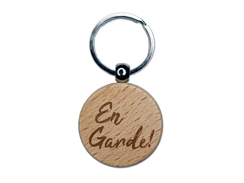 En Garde French Fencing Fencer Direction Engraved Wood Round Keychain Tag Charm