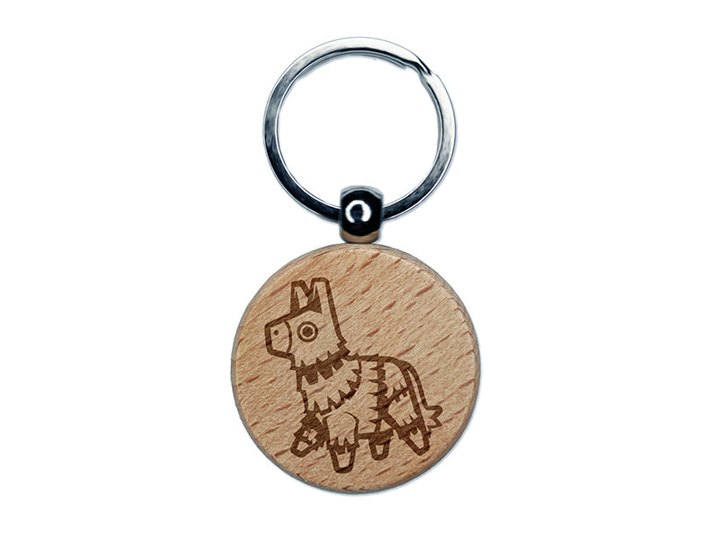 Fiesta Donkey Party Pinata Engraved Wood Round Keychain Tag Charm