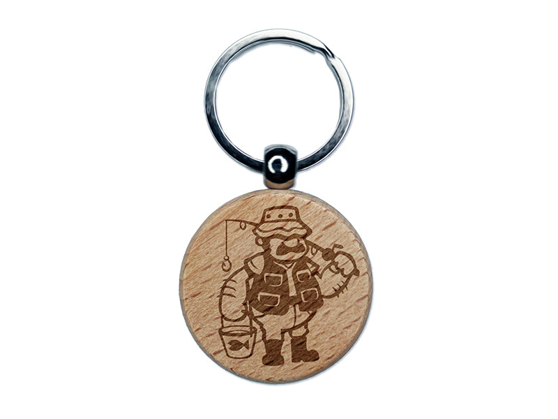 Fisherman Dad with Fishing Rod Engraved Wood Round Keychain Tag Charm