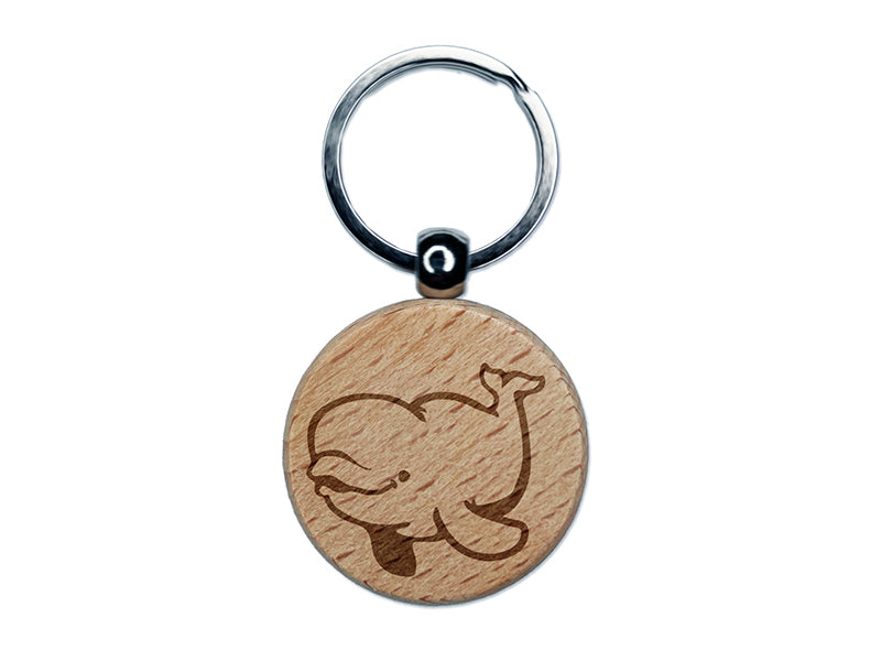 Jolly Beluga Whale Engraved Wood Round Keychain Tag Charm