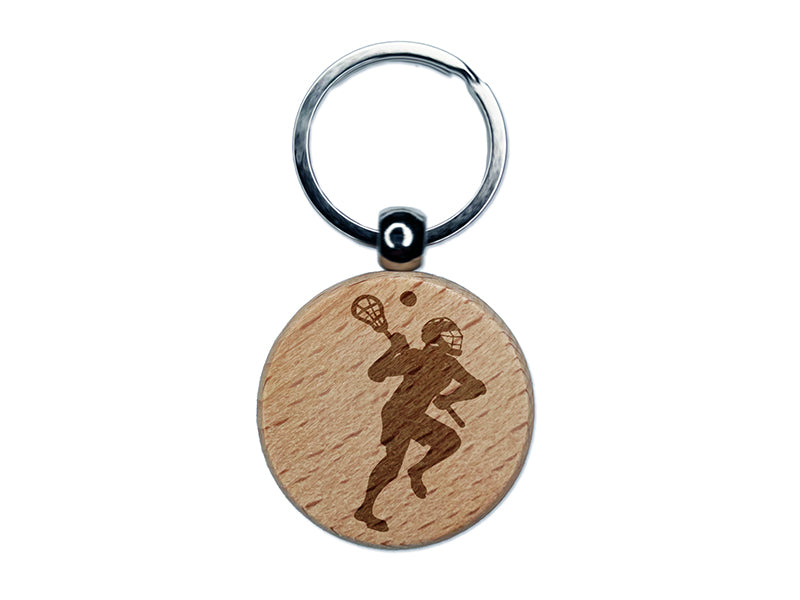 Lacrosse Player with Stick and Ball Engraved Wood Round Keychain Tag Charm