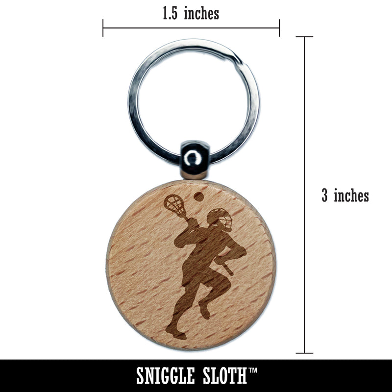 Lacrosse Player with Stick and Ball Engraved Wood Round Keychain Tag Charm