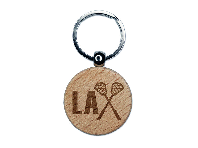 LAX Lacrosse Crossed Sticks Engraved Wood Round Keychain Tag Charm