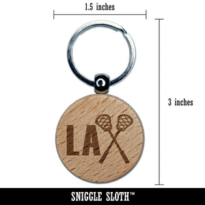 LAX Lacrosse Crossed Sticks Engraved Wood Round Keychain Tag Charm