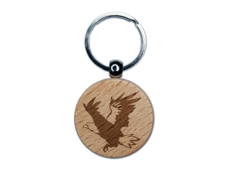 Patriotic American Bald Eagle Flying Engraved Wood Round Keychain Tag Charm