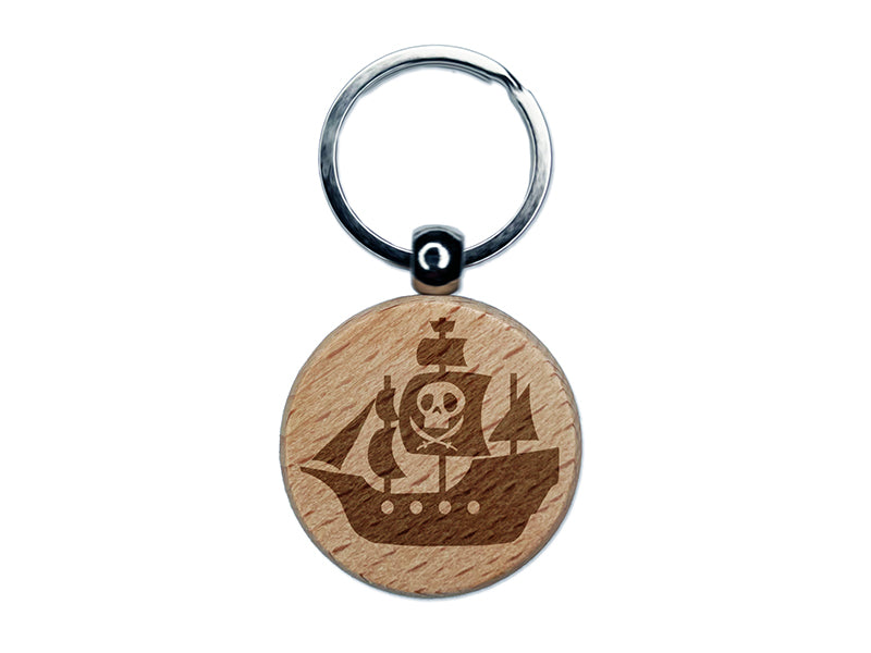 Pirate Ship with Jolly Roger Skull Engraved Wood Round Keychain Tag Charm