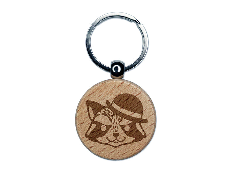 Raccoon with English Derby Bowler Hat Engraved Wood Round Keychain Tag Charm