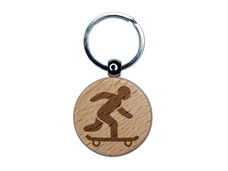 Skateboarding Man on Skateboard Engraved Wood Round Keychain Tag Charm