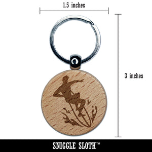 Surfer Surfing Man Silhouette Engraved Wood Round Keychain Tag Charm