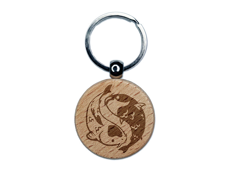 Yin and Yang Koi Fish Engraved Wood Round Keychain Tag Charm