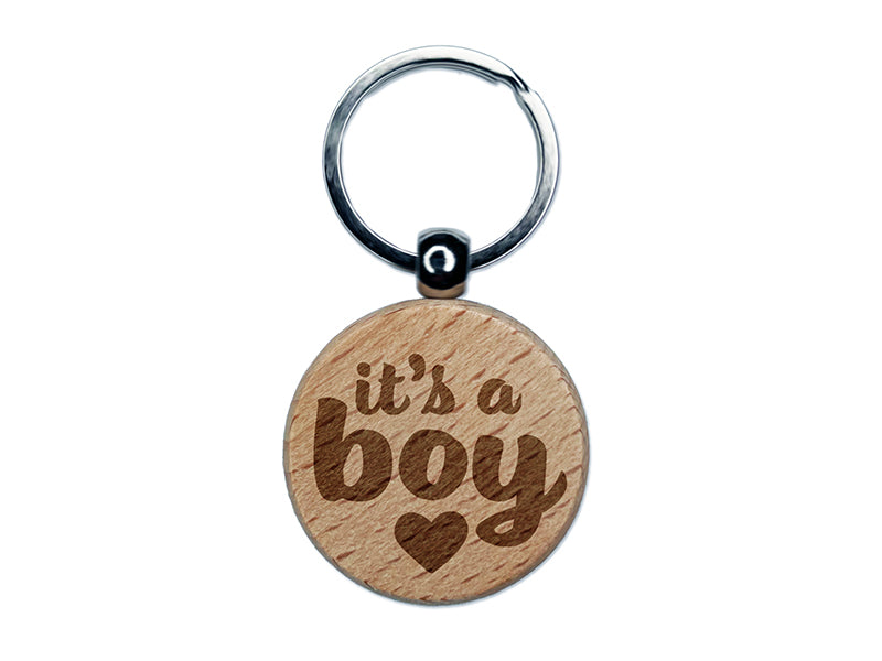 It's a Boy Baby Shower Party Engraved Wood Round Keychain Tag Charm