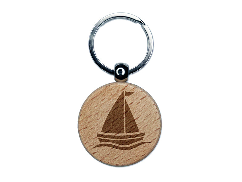 Sailing Sailboat Engraved Wood Round Keychain Tag Charm
