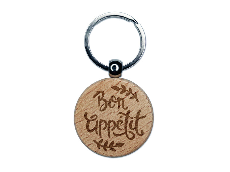 Bon Appetit Kitchen Engraved Wood Round Keychain Tag Charm