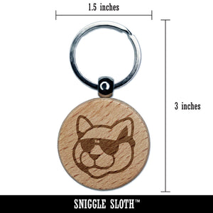 Cool Cat with Sunglasses Engraved Wood Round Keychain Tag Charm